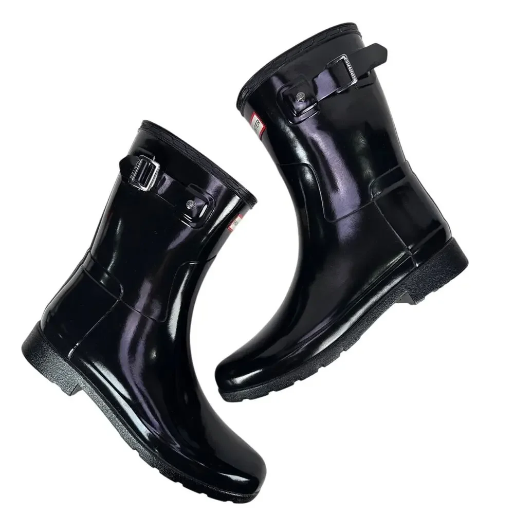 Hunter Original Short Gloss Rain Boots Womens 9 Black Shiny Rubber Adjustable‎